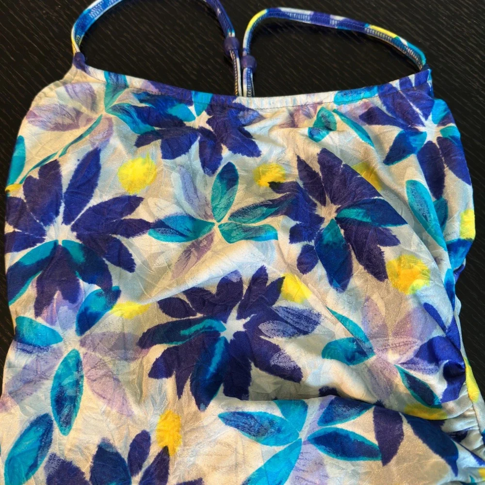 Cole of California Vintage 90s One Piece Swimsuit Blue Floral Nylon Size‎ 14
